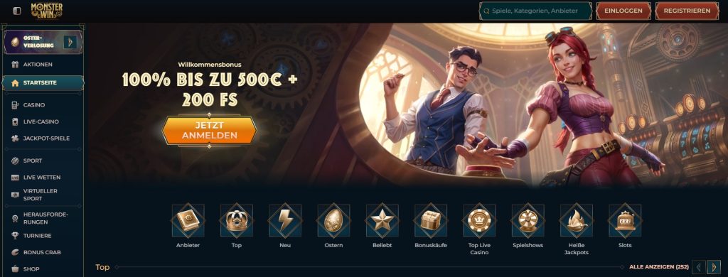 Eine Online-Casino-Webseite mit einem großzügigen Willkommensbonus von 100% bis zu 500€ und 200 Freispielen. Zwei Figuren in Steampunk-Kleidung stehen im Vordergrund. Links befindet sich ein Menü mit verschiedenen Kategorien wie Casino, Live-Casino, Jackpot-Spiele, Sport und mehr. Besonders hervorzuheben ist das Angebot als Casino ohne Verifizierung und zugleich als Casino ohne LUGAS, das eine schnelle und unkomplizierte Anmeldung ermöglicht. Ein auffälliger orangefarbener Button mit der Aufschrift „Jetzt Anmelden“ lädt zur Registrierung ein.
