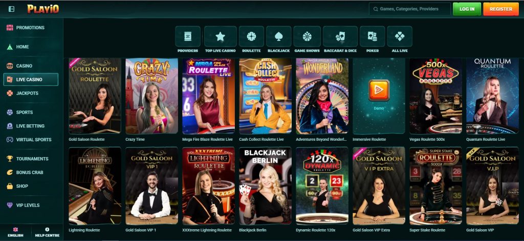 Casino-Website mit einer Vielzahl an Live-Casino-Spielen, darunter Gold Saloon Roulette, Crazy Time und Mega Fire Blaze Roulette Live. Die übersichtliche Navigation bietet Kategorien wie Casino, Live Casino, Jackpots und Sportwetten. Perfekt für Spieler, die ein Casino ohne Verifizierung suchen.