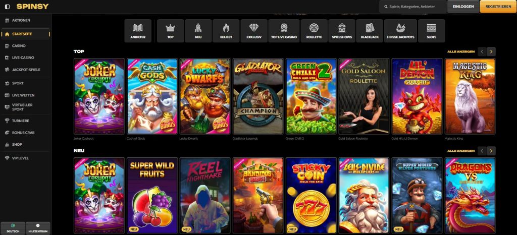 Spinsy Casino-Website, die eine breite Auswahl an beliebten Spielautomaten und Spielen zeigt. Zu den angezeigten Spielen gehören unter anderem Joker Cashpot, Cash of Gods, Lucky Dwarfs, und Gladiator Legends. Perfekt für Spieler, die ein Casino ohne Verifizierung suchen.