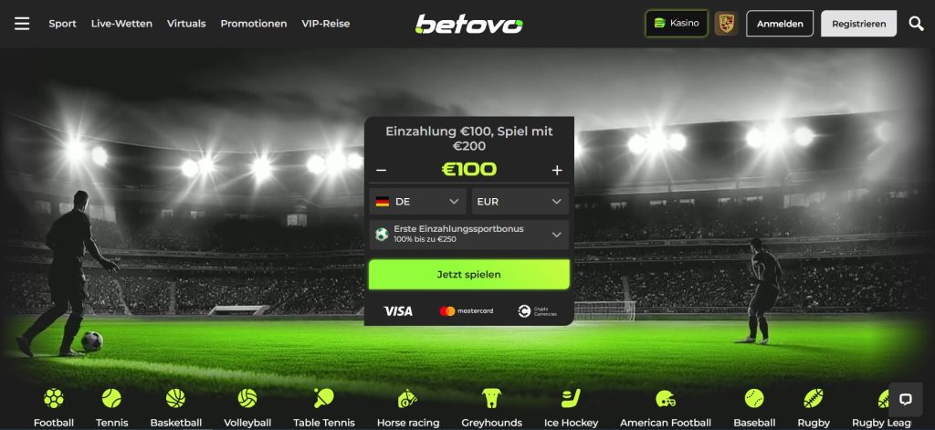 Die Abbildung präsentiert vier unterschiedliche Werbeangebote für Sportwetten auf der Webseite von Betovo. Als moderner Wettanbieter mit PayPal ermöglicht Betovo zudem eine besonders bequeme und sichere Einzahlungsmethode, die von vielen Spielern bevorzugt wird. Die Promotions umfassen einen ersten Einzahlungsbonus von 100% bis zu 250€, einen zweiten Einzahlungsbonus von 75% bis zu 500€, einen dritten Einzahlungsbonus von 75% bis zu 250€ und eine kostenlose Wette bis zu 200€ bei späten Toren. Jedes Angebot ist optisch unterschiedlich gestaltet und enthält einen Button zum Einlösen des Bonus sowie einen Link für weitere Details.